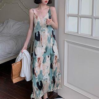Spaghetti Strap Print Dress Black & Airy Blue & Beige - One Size