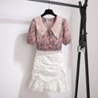 Floral Print Collared Short-sleeve Blouse / Ruched Mini A-line Skirt / Set