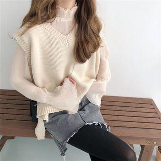 See-through Long-sleeve Top / Plain Knit Vest