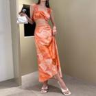 Set: Wide Strap Tie-dyed Crop Top + Midi A-line Skirt
