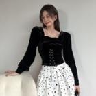 Square-neck Lace-up Velvet Blouse