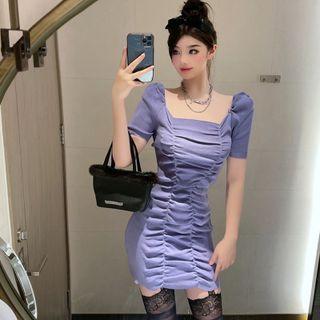Puff-sleeve Shirred Knit Mini Sheath Dress