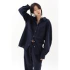 Frayed Snap-button Shirt Navy Blue - One Size