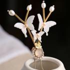Retro Pearl Butterfly Hair Stick 1 Pc - White & Gold - One Size