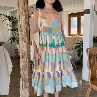 Spaghetti Strap Patterned Midi Dress As Shown In Figure - One Size