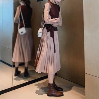 Set: Long-sleeve Midi A-line Dress + Bow Accent Sweater Vest