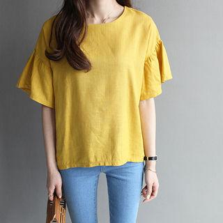 Linen Ruffle-sleeve Dip-back Top