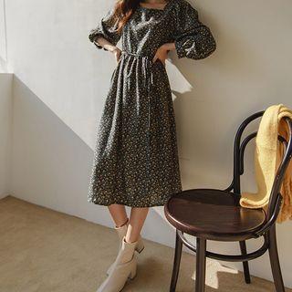 Square-neck Napped Long Floral Dress