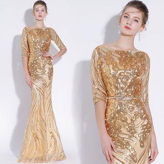 Sequined Elbow-sleeve Evening Dress