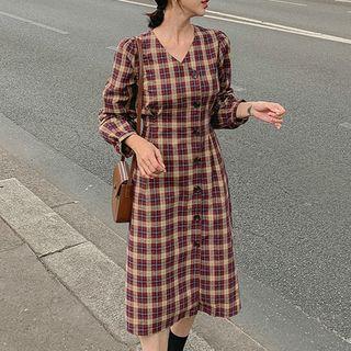 Plaid Long-sleeve Midi A-line Skirt