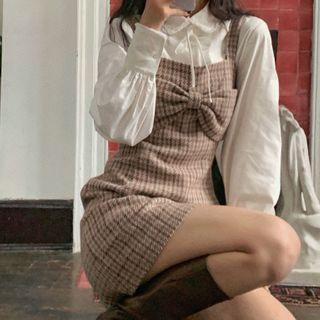 Sleeveless Ribbon Plaid Mini Dress