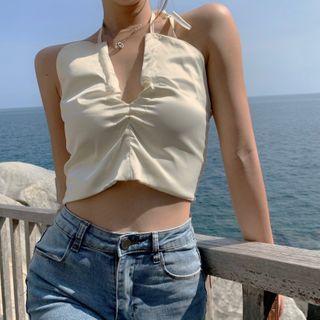 Halter-neck Cropped Camisole Top Beige - One Size