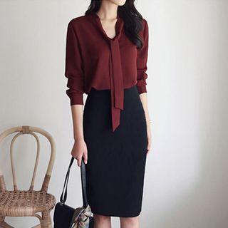 Tie-neck 3/4 Sleeve Plain Shirt