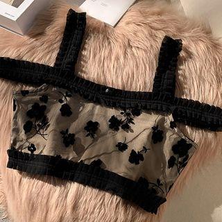 Short-sleeve Floral Crop Top Floral - Black - One Size