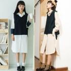 Set: Long-sleeve Midi Shirt Dress + Knit Vest