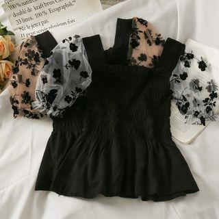Printed Mesh-sleeve Smocked Crop Top