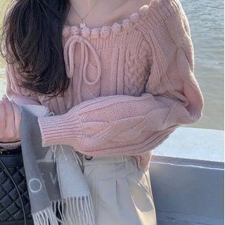 Cropped Tie-neck Cable Knit Sweater