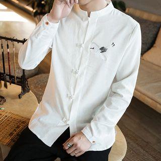 Crane Embrodiered Long Sleeve Cheongsam Top