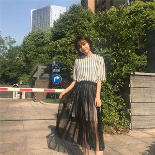 Set: Short-sleeve T-shirt Dress + Sheer Midi Skirt + Slipdress