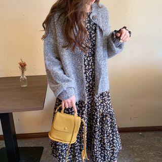Long-sleeve Midi Floral Dress / Button Cardigan