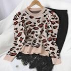 Set: Leopard Print Sweater + Lace Trim Midi Knit Skirt Sweater - Leopard - Almond - One Size / Skirt - Black - One Size
