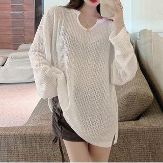 Long-sleeve V-neck Plain Knit Top White - One Size