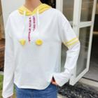 Letter Embroidered Two-tone Hooded Long-sleeve T-shirt As Shown In Figure - One Size