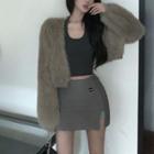 Fluffy Jacket / Cropped Tank Top / Mini Fitted Skirt