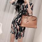 V-neck Elbow-sleeve Printed Wrap Sheath Dress