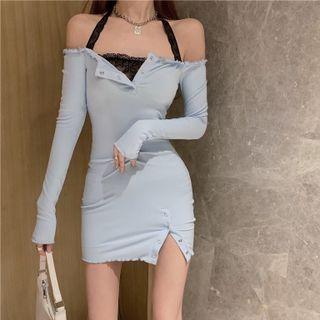 Off-shoulder Button-up Lettuce-edge Mini Sheath Dress