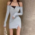 Off-shoulder Button-up Lettuce-edge Mini Sheath Dress