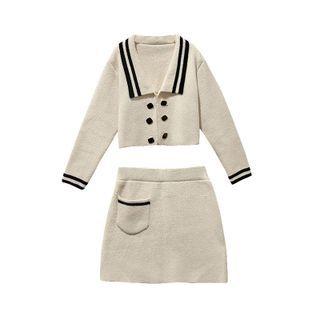 Set: Contrast Trim Double Breasted Cardigan + Mini Skirt