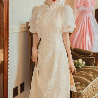 Puff-sleeve Frill Trim Lace Midi A-line Qipao Dress