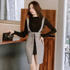 Set: Plain Long Sleeve Knit Dress + Plaid Suspender Skirt