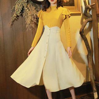 Set: Ruffle Mock Neck Knit Top + High Waist A-line Midi Skirt