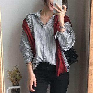 Stand-collar Long-sleeved Loose-fit Striped Sheath Blouse