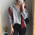 Stand-collar Long-sleeved Loose-fit Striped Sheath Blouse