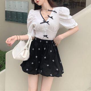 Puff-sleeve Patterned Top / Skort
