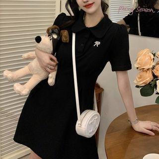 Short-sleeve Collar Letter Embroidered Mini A-line Dress