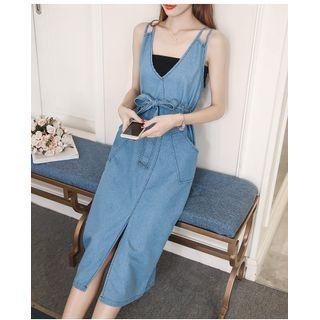 Denim Tie-waist Midi A-line Overall Dress