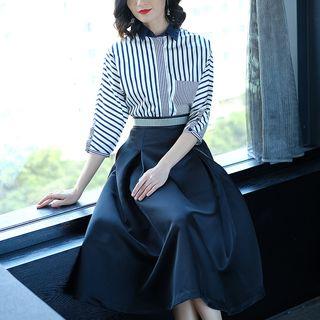 Set: 3/4-sleeve Striped Top + A-line Midi Skirt
