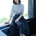 Set: 3/4-sleeve Striped Top + A-line Midi Skirt