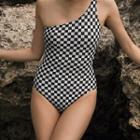One-shoulder Checker Print Swimsuit