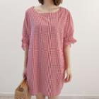 Gingham Elbow-sleeve Shift Dress