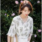Elbow-sleeve Leaf-pattern Tie Waist Top