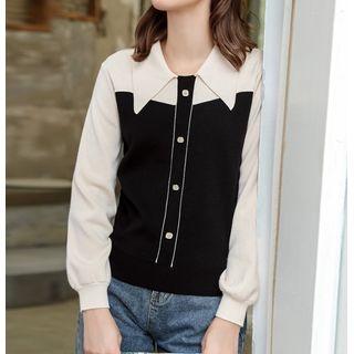 Long-sleeve Color-block Knit Top Black - One Size