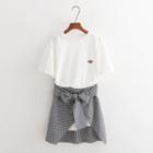 Set: Elbow-sleeve Long T-shirt + Plaid Mini Skirt