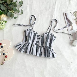 Striped Shoulder-tie Peplum Crop Top Stripe - Black - One Size