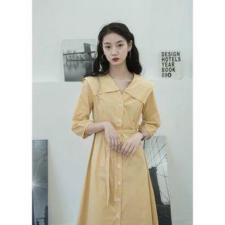 3/4-sleeve Tie-waist A-line Midi Shirt Dress Light Yellow - One Size