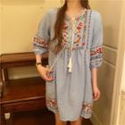 3/4-sleeve Floral Embroidered Striped A-line Mini Dress Blue - One Size